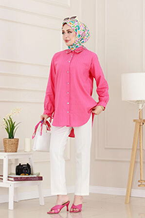 Taş Detaylı Hilal Tunik-Fuşya