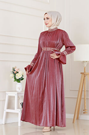 Kolu Volanlı Nakış Detaylı Abiye-Bordo