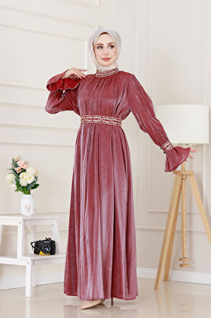 Kolu Volanlı Nakış Detaylı Abiye-Bordo