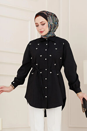 Monako Yaka Taşlı Tunik-Siyah