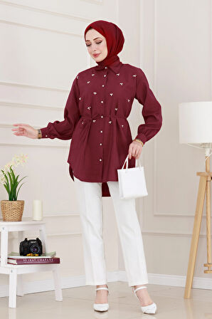Monako Yaka Taşlı Tunik-Bordo