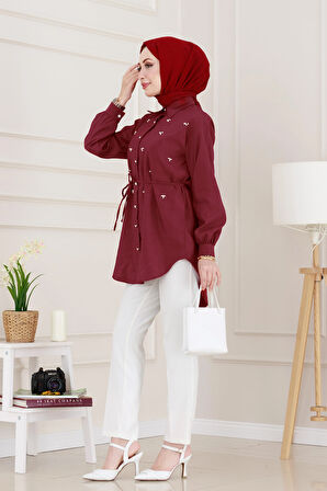 Monako Yaka Taşlı Tunik-Bordo