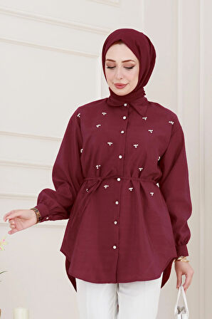 Monako Yaka Taşlı Tunik-Bordo