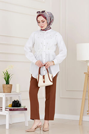 Monako Yaka Taşlı Tunik-Beyaz