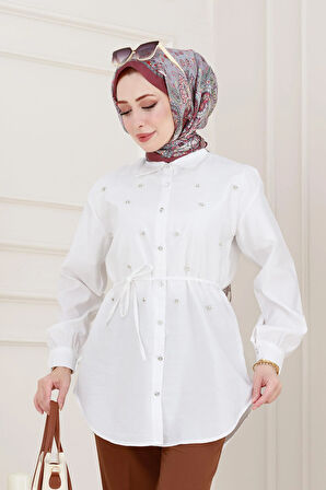 Monako Yaka Taşlı Tunik-Beyaz