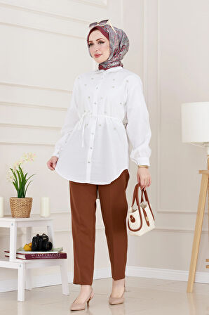 Monako Yaka Taşlı Tunik-Beyaz