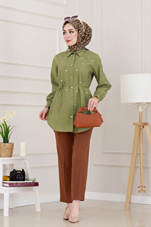 Monako Yaka Taşlı Tunik-Haki