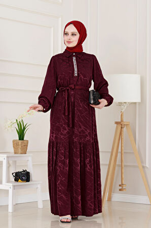 Yakası Taşlı Jakar Saten Abiye Elbise-Bordo