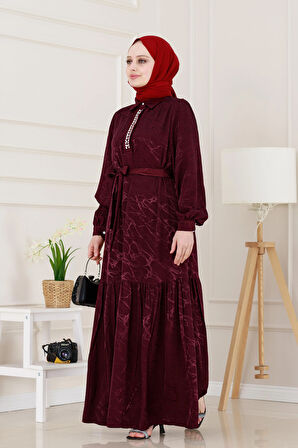 Yakası Taşlı Jakar Saten Abiye Elbise-Bordo