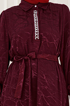 Yakası Taşlı Jakar Saten Abiye Elbise-Bordo