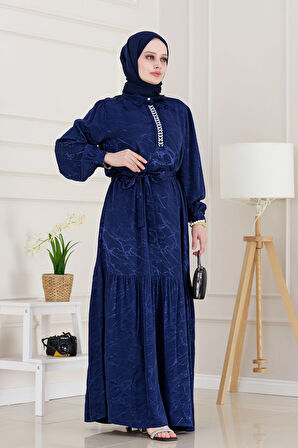 Yakası Taşlı Jakar Saten Abiye Elbise-Lacivert