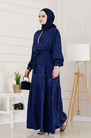 Yakası Taşlı Jakar Saten Abiye Elbise-Lacivert