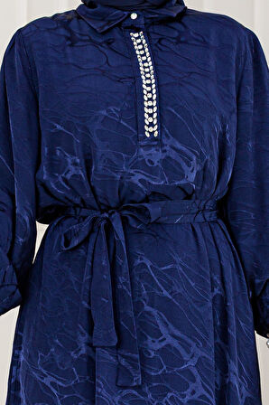 Yakası Taşlı Jakar Saten Abiye Elbise-Lacivert