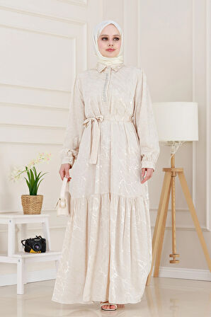 Yakası Taşlı Jakar Saten Abiye Elbise-Bej