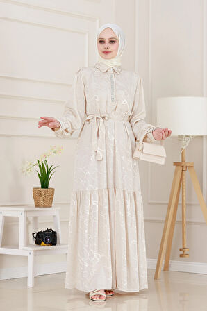 Yakası Taşlı Jakar Saten Abiye Elbise-Bej