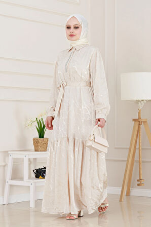 Yakası Taşlı Jakar Saten Abiye Elbise-Bej