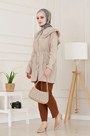 Çift Yaka Dantelli Tunik-VİZON