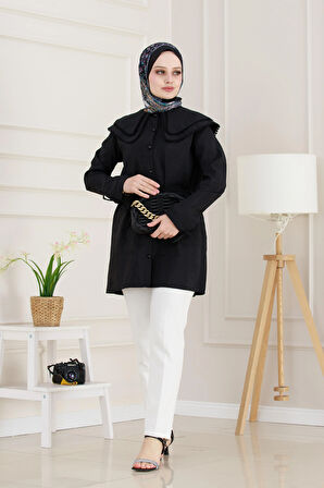 Çift Yaka Dantelli Tunik-Siyah