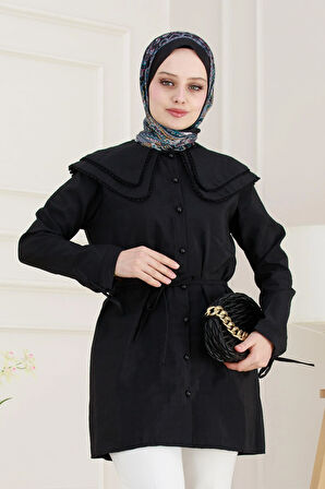 Çift Yaka Dantelli Tunik-Siyah