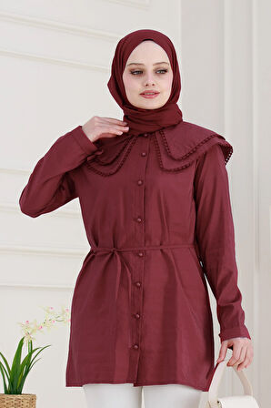 Çift Yaka Dantelli Tunik-Bordo