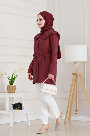 Çift Yaka Dantelli Tunik-Bordo