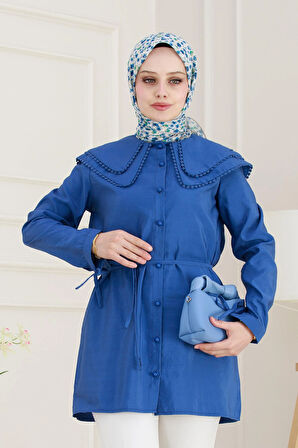 Çift Yaka Dantelli Tunik-Bebe mavi