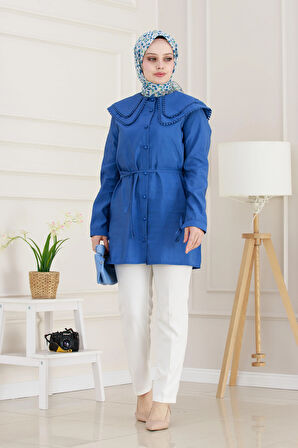 Çift Yaka Dantelli Tunik-Bebe mavi