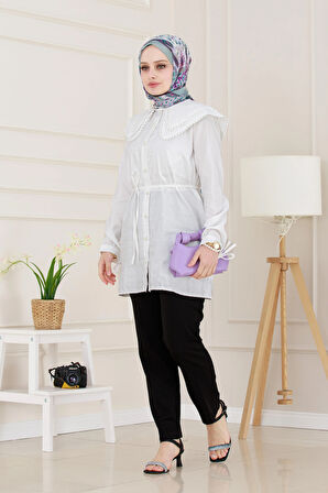 Çift Yaka Dantelli Tunik-Beyaz