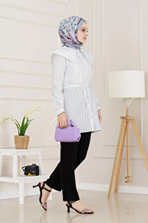 Çift Yaka Dantelli Tunik-Beyaz