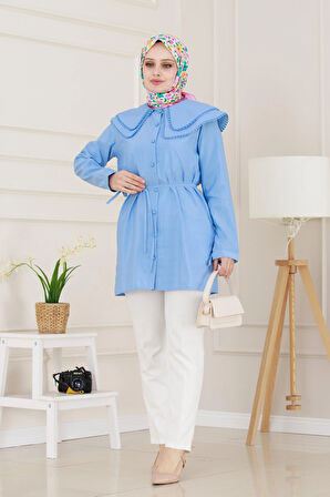 Çift Yaka Dantelli Tunik-İndigo