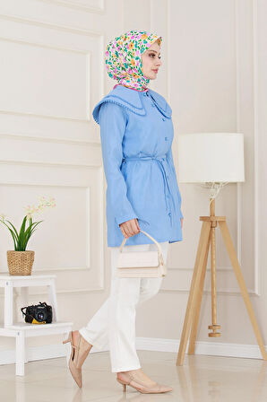 Çift Yaka Dantelli Tunik-İndigo