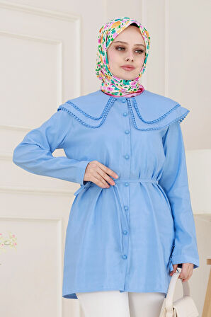 Çift Yaka Dantelli Tunik-İndigo