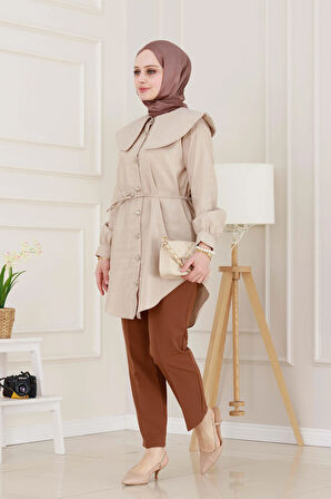 Beli Bağcık Detaylı Geniş Yaka Tunik-VİZON