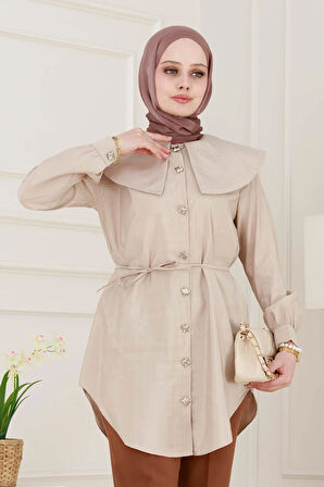 Beli Bağcık Detaylı Geniş Yaka Tunik-VİZON