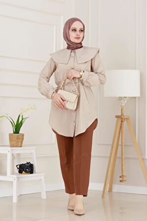 Beli Bağcık Detaylı Geniş Yaka Tunik-VİZON