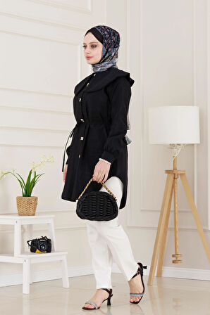 Beli Bağcık Detaylı Geniş Yaka Tunik-Siyah