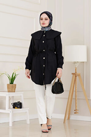 Beli Bağcık Detaylı Geniş Yaka Tunik-Siyah