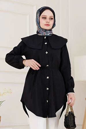 Beli Bağcık Detaylı Geniş Yaka Tunik-Siyah
