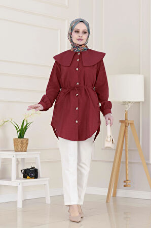 Beli Bağcık Detaylı Geniş Yaka Tunik-Bordo
