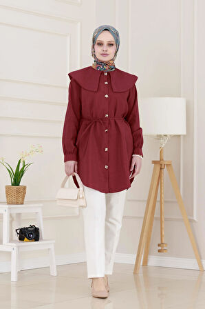 Beli Bağcık Detaylı Geniş Yaka Tunik-Bordo