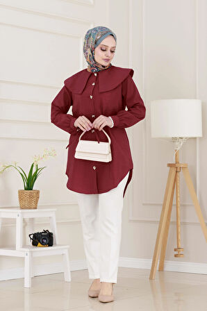Beli Bağcık Detaylı Geniş Yaka Tunik-Bordo