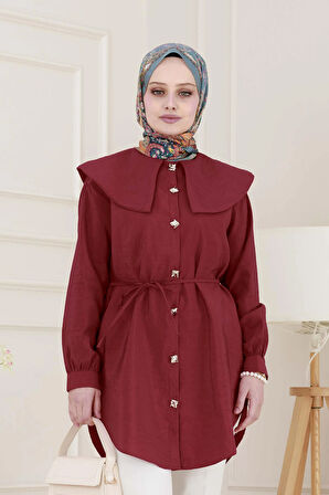 Beli Bağcık Detaylı Geniş Yaka Tunik-Bordo