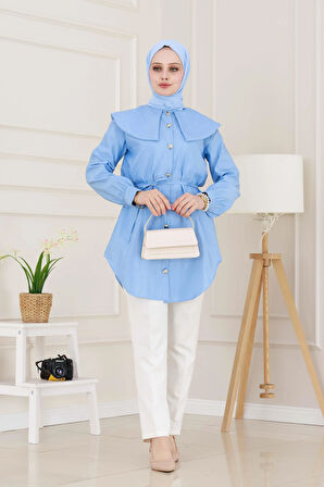 Beli Bağcık Detaylı Geniş Yaka Tunik-Bebe mavi