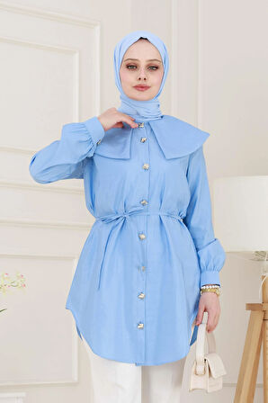 Beli Bağcık Detaylı Geniş Yaka Tunik-Bebe mavi