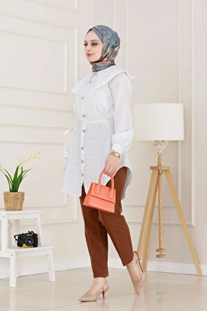 Beli Bağcık Detaylı Geniş Yaka Tunik-Beyaz