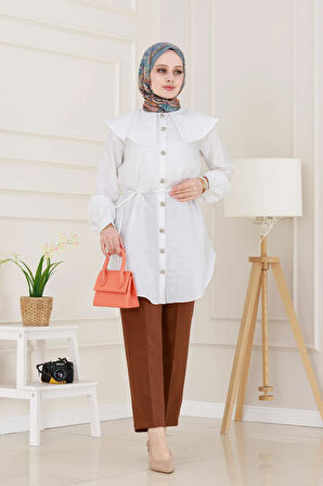 Beli Bağcık Detaylı Geniş Yaka Tunik-Beyaz