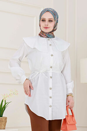 Beli Bağcık Detaylı Geniş Yaka Tunik-Beyaz
