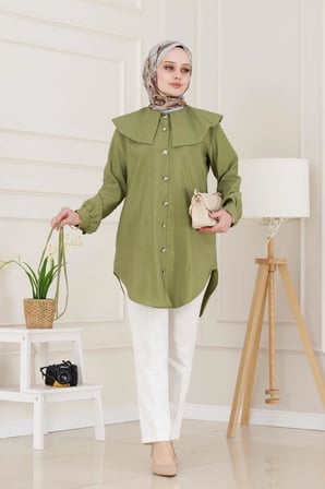 Beli Bağcık Detaylı Geniş Yaka Tunik-Yeşil