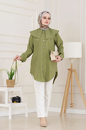 Beli Bağcık Detaylı Geniş Yaka Tunik-Yeşil