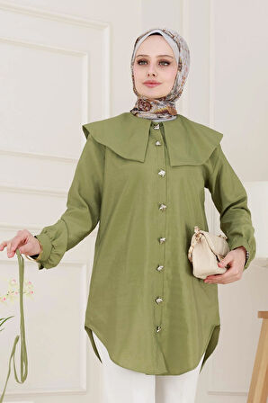 Beli Bağcık Detaylı Geniş Yaka Tunik-Yeşil